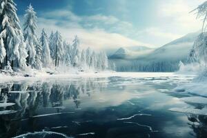 Ukraines Carpathian winter wonderland pines, falling snow, and blue, cracked ice on a frozen lake AI Generated photo