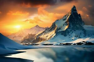 The setting sun paints the snowy mountain range with radiant colors AI Generated photo