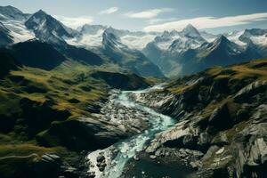 escénico aéreo ver capturas el maravilloso belleza de el suizo Alpes ai generado foto