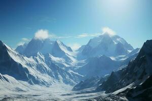 Snow capped peaks and glaciers define a majestic mountain vista AI Generated photo