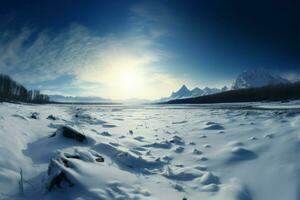 Snow blankets the land, with distant mountains gracing the backdrop AI Generated photo