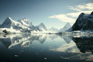 Paraiso Bay framed by the Antarctic Peninsulas rugged mountain landscape AI Generated photo