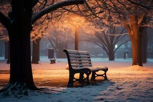 Urban park bench, aglow with winter lights, a serene evening scene AI Generated photo