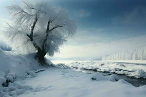 Snow blankets the landscape, outlining a tranquil and serene snowy path AI Generated photo