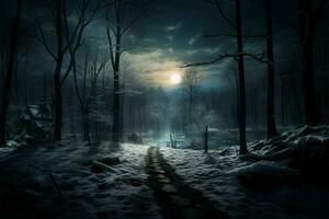 Winters nighttime beauty transforms the tranquil forest into a mystery AI Generated photo