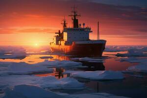 The Arctics serene twilight, highlighted by an icebreaker on duty AI Generated photo