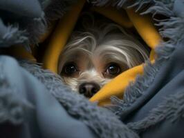 Mischievous dog peeking out from a cozy blanket fort AI Generative photo