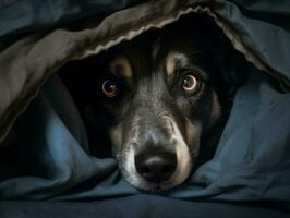 Mischievous dog peeking out from a cozy blanket fort AI Generative photo