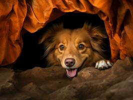 Mischievous dog peeking out from a cozy blanket fort AI Generative photo