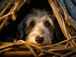 Mischievous dog peeking out from a cozy blanket fort AI Generative photo