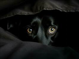 Mischievous dog peeking out from a cozy blanket fort AI Generative photo