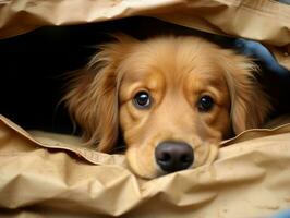 Mischievous dog peeking out from a cozy blanket fort AI Generative photo