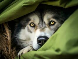 Mischievous dog peeking out from a cozy blanket fort AI Generative photo