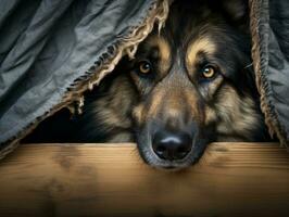 Mischievous dog peeking out from a cozy blanket fort AI Generative photo