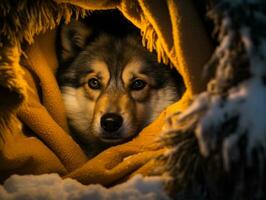 Mischievous dog peeking out from a cozy blanket fort AI Generative photo