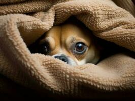 Mischievous dog peeking out from a cozy blanket fort AI Generative photo