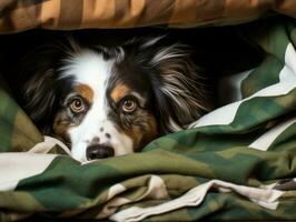 Mischievous dog peeking out from a cozy blanket fort AI Generative photo