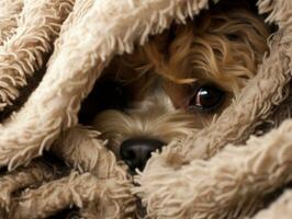 Mischievous dog peeking out from a cozy blanket fort AI Generative photo