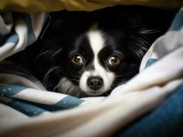 Mischievous dog peeking out from a cozy blanket fort AI Generative photo