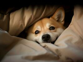 Mischievous dog peeking out from a cozy blanket fort AI Generative photo