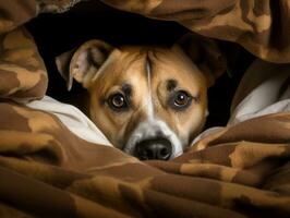 Mischievous dog peeking out from a cozy blanket fort AI Generative photo