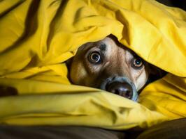 Mischievous dog peeking out from a cozy blanket fort AI Generative photo