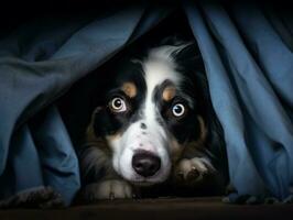 Mischievous dog peeking out from a cozy blanket fort AI Generative photo