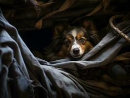 Mischievous dog peeking out from a cozy blanket fort AI Generative photo