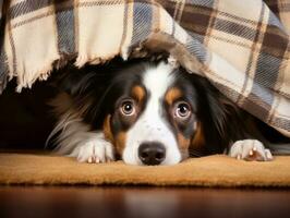 Mischievous dog peeking out from a cozy blanket fort AI Generative photo