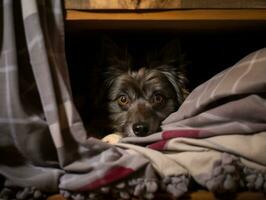 Mischievous dog peeking out from a cozy blanket fort AI Generative photo