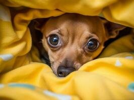 Mischievous dog peeking out from a cozy blanket fort AI Generative photo