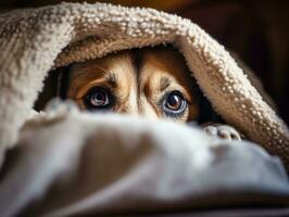 Mischievous dog peeking out from a cozy blanket fort AI Generative photo