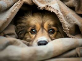 Mischievous dog peeking out from a cozy blanket fort AI Generative photo