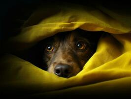 Mischievous dog peeking out from a cozy blanket fort AI Generative photo