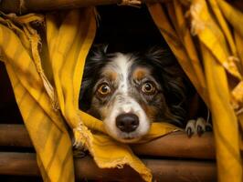 Mischievous dog peeking out from a cozy blanket fort AI Generative photo