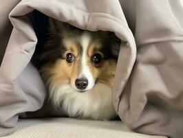 Mischievous dog peeking out from a cozy blanket fort AI Generative photo