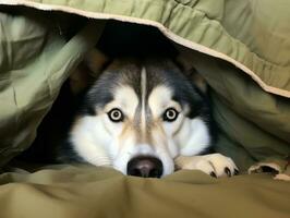 Mischievous dog peeking out from a cozy blanket fort AI Generative photo