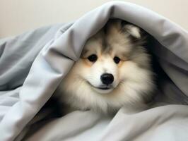 Mischievous dog peeking out from a cozy blanket fort AI Generative photo