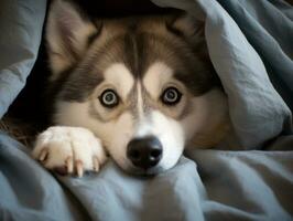 Mischievous dog peeking out from a cozy blanket fort AI Generative photo