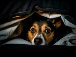 Mischievous dog peeking out from a cozy blanket fort AI Generative photo