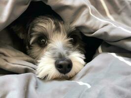 Mischievous dog peeking out from a cozy blanket fort AI Generative photo