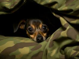 Mischievous dog peeking out from a cozy blanket fort AI Generative photo