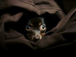 Mischievous dog peeking out from a cozy blanket fort AI Generative photo