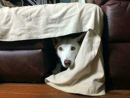Mischievous dog peeking out from a cozy blanket fort AI Generative photo