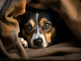 Mischievous dog peeking out from a cozy blanket fort AI Generative photo