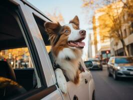 Happy dog riding in a car with its head out the window AI Generative photo