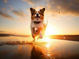 Happy dog playing on the beach AI Generative photo