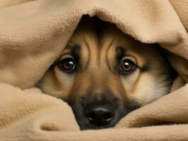 Mischievous dog peeking out from a cozy blanket fort AI Generative photo