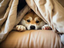 Mischievous dog peeking out from a cozy blanket fort AI Generative photo