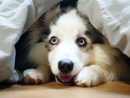 Mischievous dog peeking out from a cozy blanket fort AI Generative photo